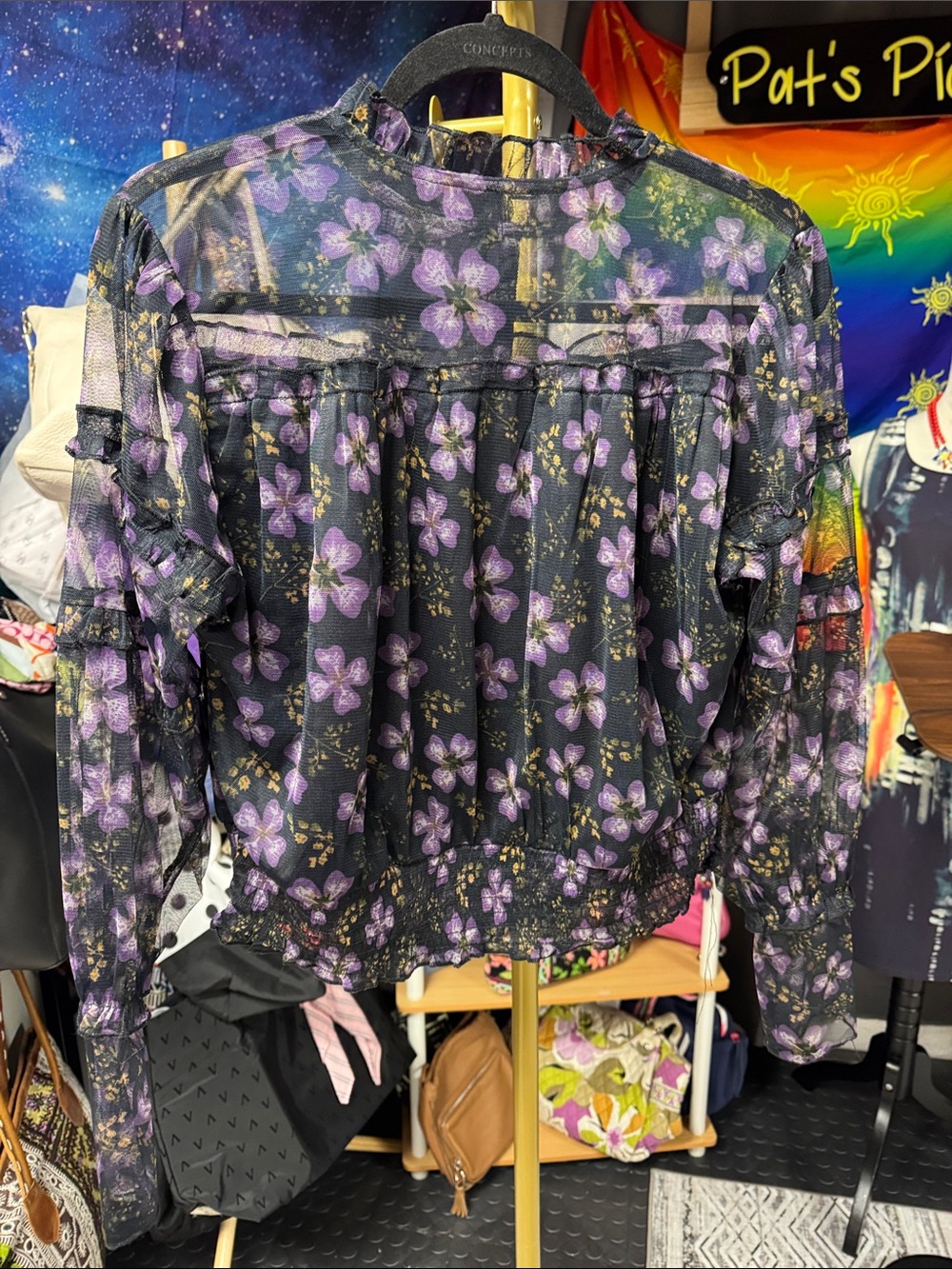 Sheer Black Floral Ruffle Blouse - Purple Floral